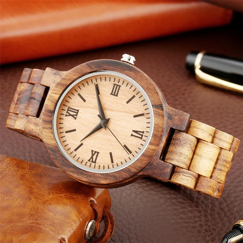 

REDFIRE Natural Zebrawood Men's Full Wooden Wristwatch Quartz Mens Watch Roman Numerals Display Folding Clasp Wood Timepiece