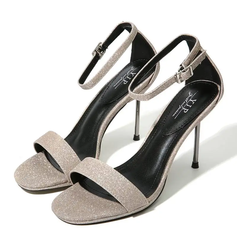 

Женские босоножки с блестками, на блочном каблуке, с ремешком на щиколотке, летние шлепанцы на тонком высоком каблуке