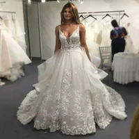 2021 sexy spaghetti strips ball gown wedding dress lace appliques beaded crystal backless bridal gowns princess luxurious robe