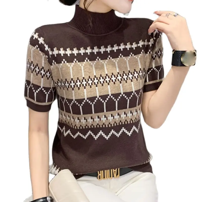 

Temperament knitted sweater 2022 spring new style striped half high neck slim top short sleeve T-shirt fashion women's clothing