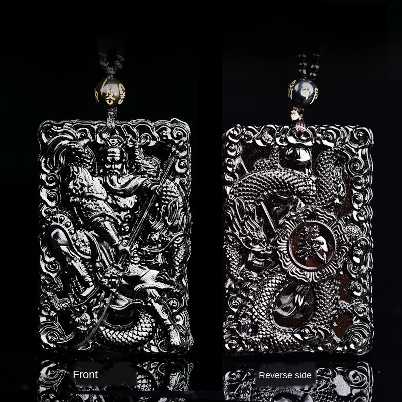 Natural Black Obsidian Guangong Pendant Beads Necklace Fashion Charm Jewellery Carved Amulet Gifts for Women Men | Украшения и