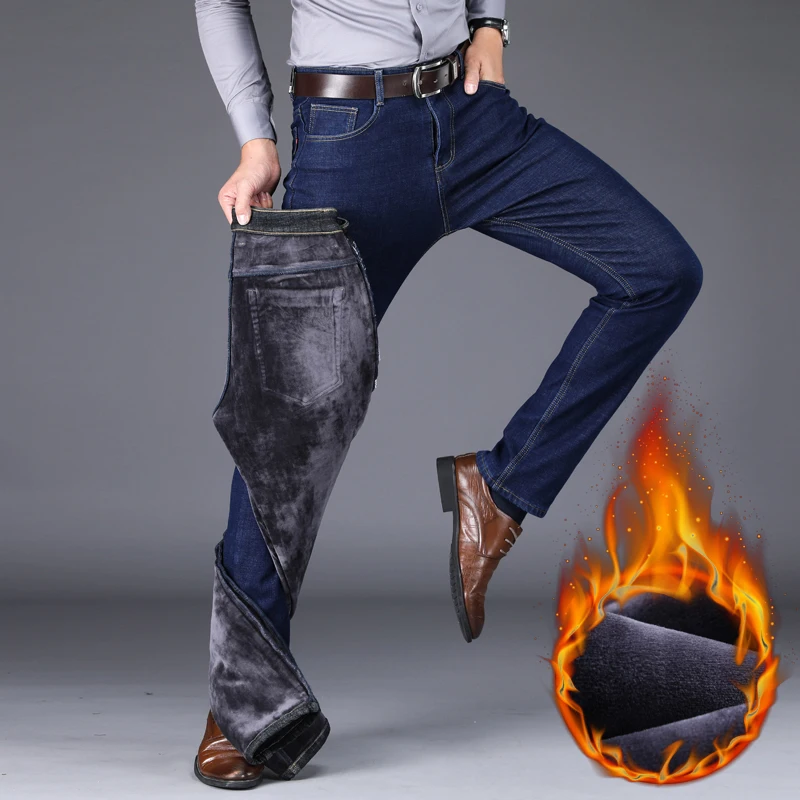 

Winter Men's Warm Slim Fit Jeans Thicken Denim Trouser Fleece Stretch Brand Pants 2021 Outwear Winter Denim Trousers