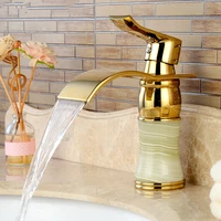 gold bathroom basin faucets solid brass jade sink mixer hot cold single handle deck mounted lavatory waterfall taps