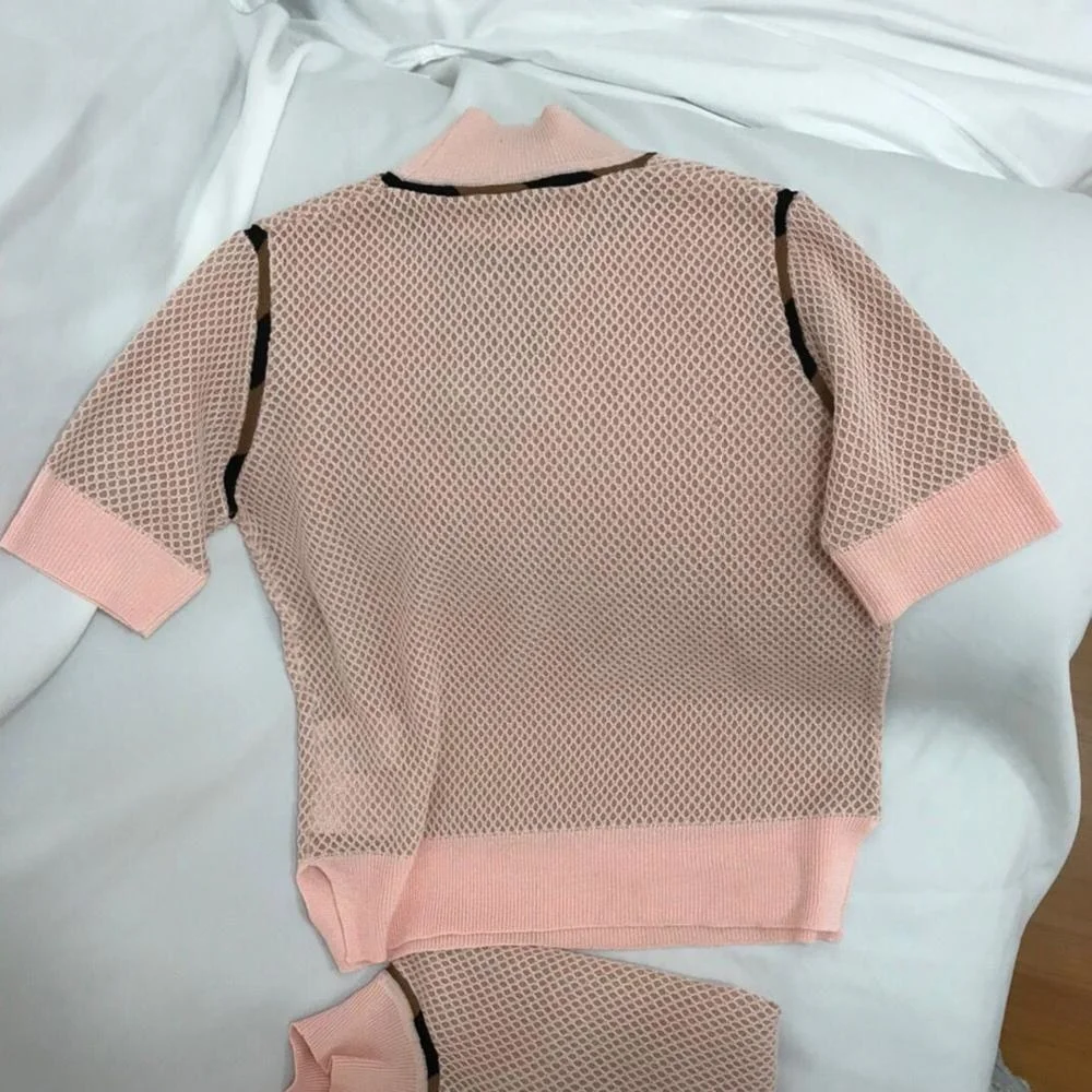 

cute hollow out crochet knit summer t-shirt for women new high-end pink turtleneck short sleeve sweet wool cotton top tee