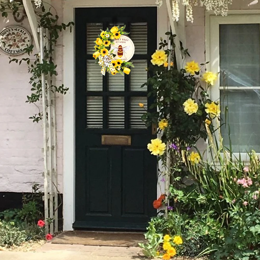 

Bee Sunflower Hanging Spring Gift Simulation Garland Indoor Outdoor Round Home Decor For Front Door Cute Artificial Wreath