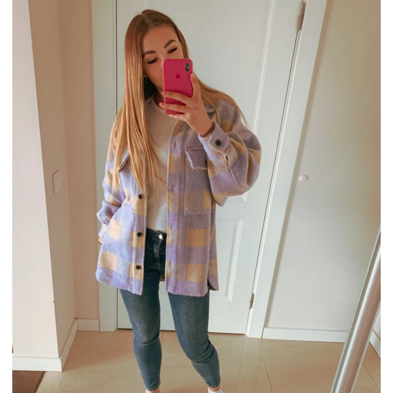 

Winter Ladies Plaid Coats and Jackets Leisure Purple Plaid Loose Long Sleeve Wool Tops Women Oversized New Coats Chic Tops Women