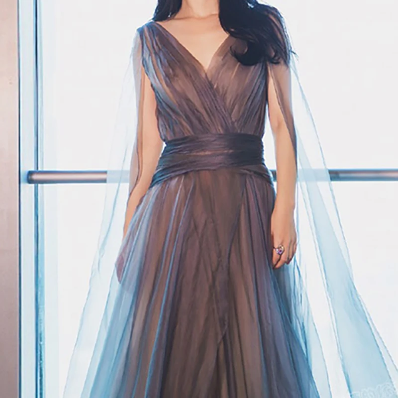 

Luxury Evening Dress Illusion A-Line Lace Tulle V-Neck Bow Floor-Length Sleeveless Embroidery Elegant Women Formal Dresses TS349