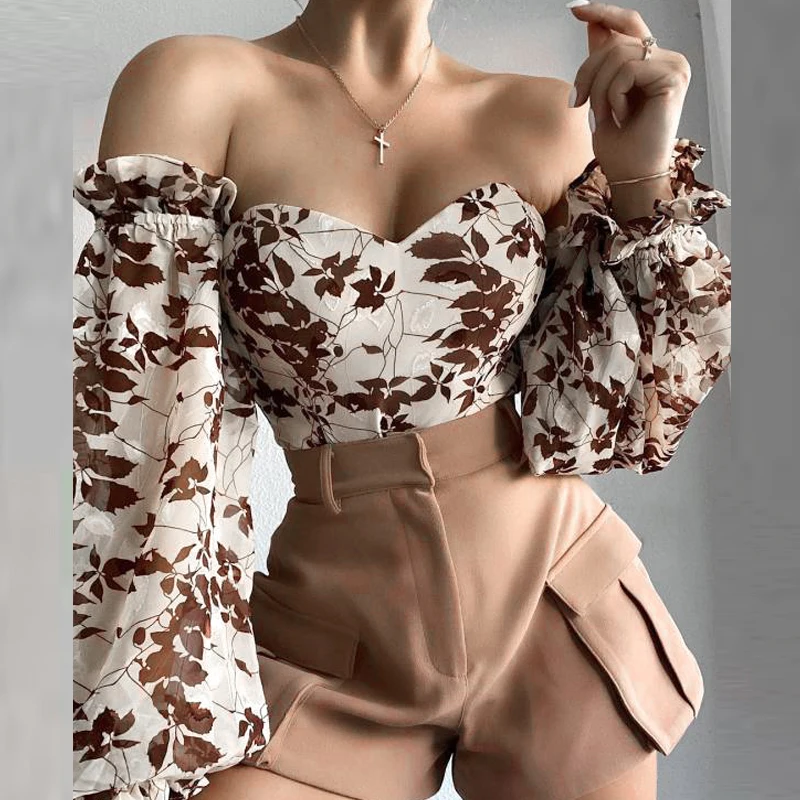 

Elegant Floral Print Strapless Chiffon Shirt Fashion Women Off Shoulder Halter Sexy Blouse Shirt 2021 Summer Backeless Tops 3XL