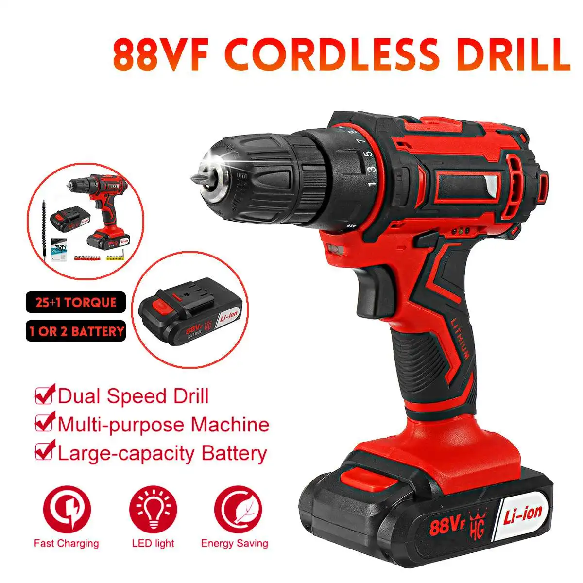 

88VF Cordless Electric Drill Screwdriver 25+1 Torque Wireless Power Driver Power Tools With Work Light & 1or 2 Battery