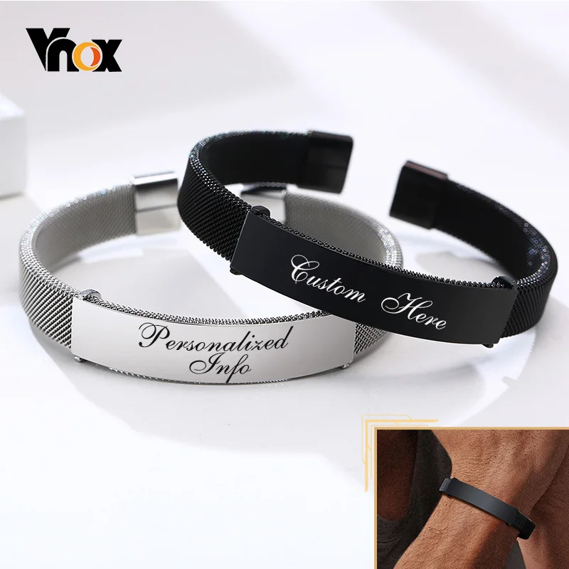 

Vnox Personalized Engrave Mesh Band ID Bracelets for Men Women,Stainless Steel Metal Cuff Bangles,Custom Wristband Gift Jewelry