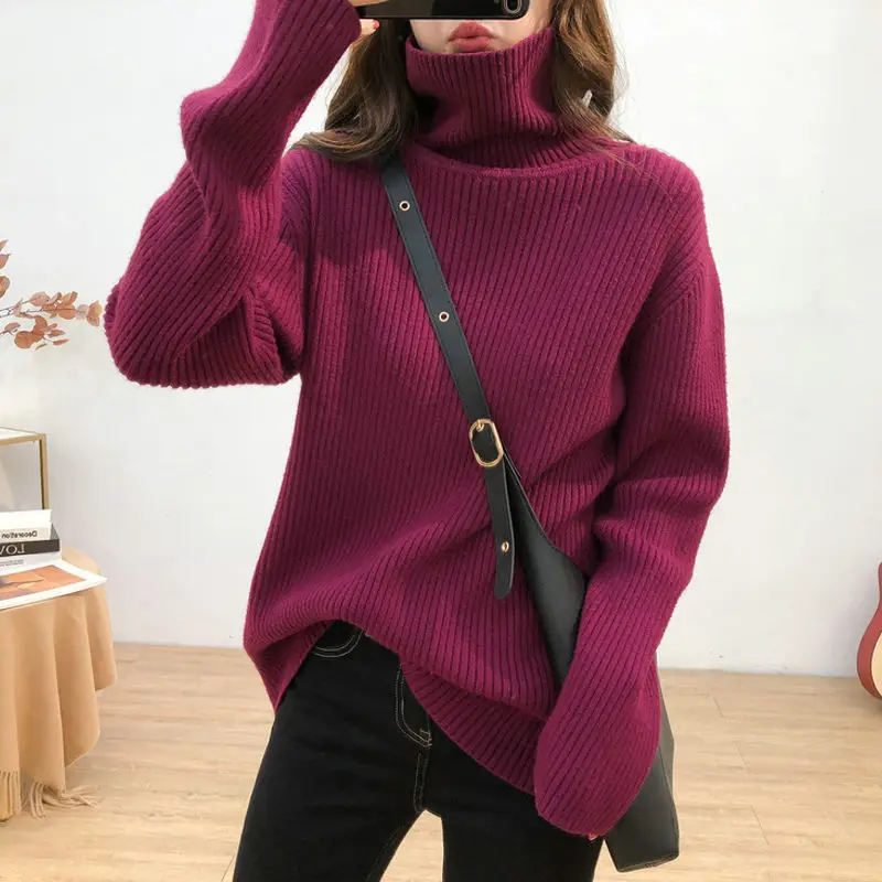 

Autumn Winter High-Neck Thick Sweater Women's Solid Color Wild New Pullover Knit Bottoming Shirt Korean Loose Jumper Tops y1541