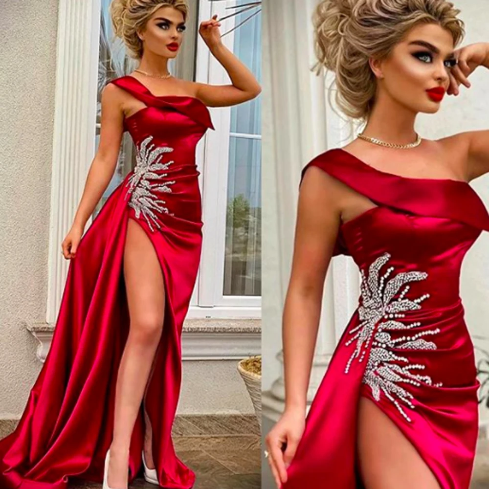 

Атласные Длинные вечерние платья, красные платья для выпускного вечера с одним плечом, украшенные бисером, с разрезом сбоку, 2020