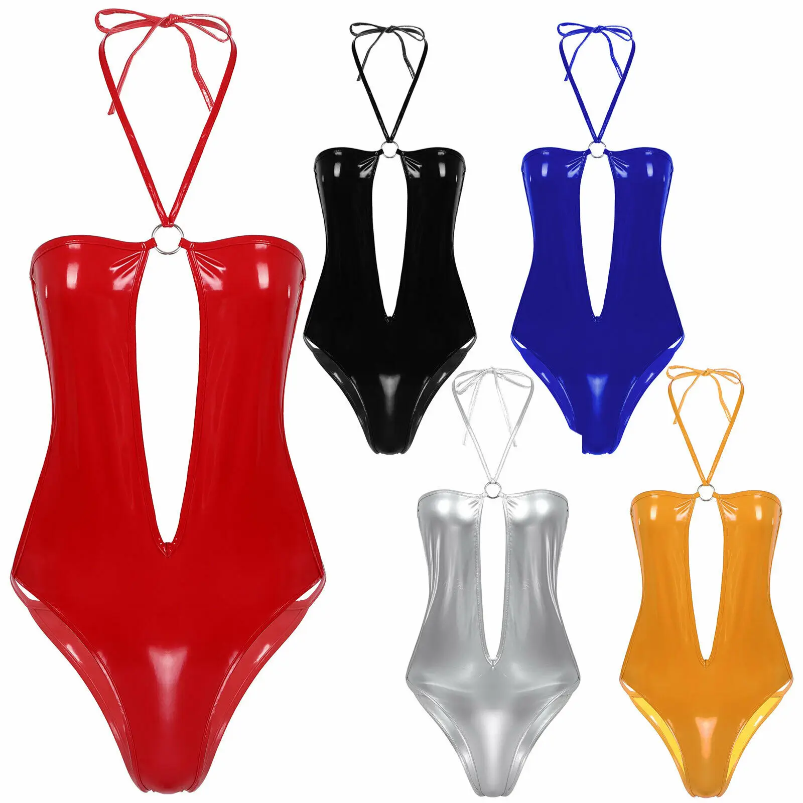 

Women Wetlook PVC Leather Halter Teddy Lingerie Bodysuit Hollow Out Thong Leotard Fetish Catsuit