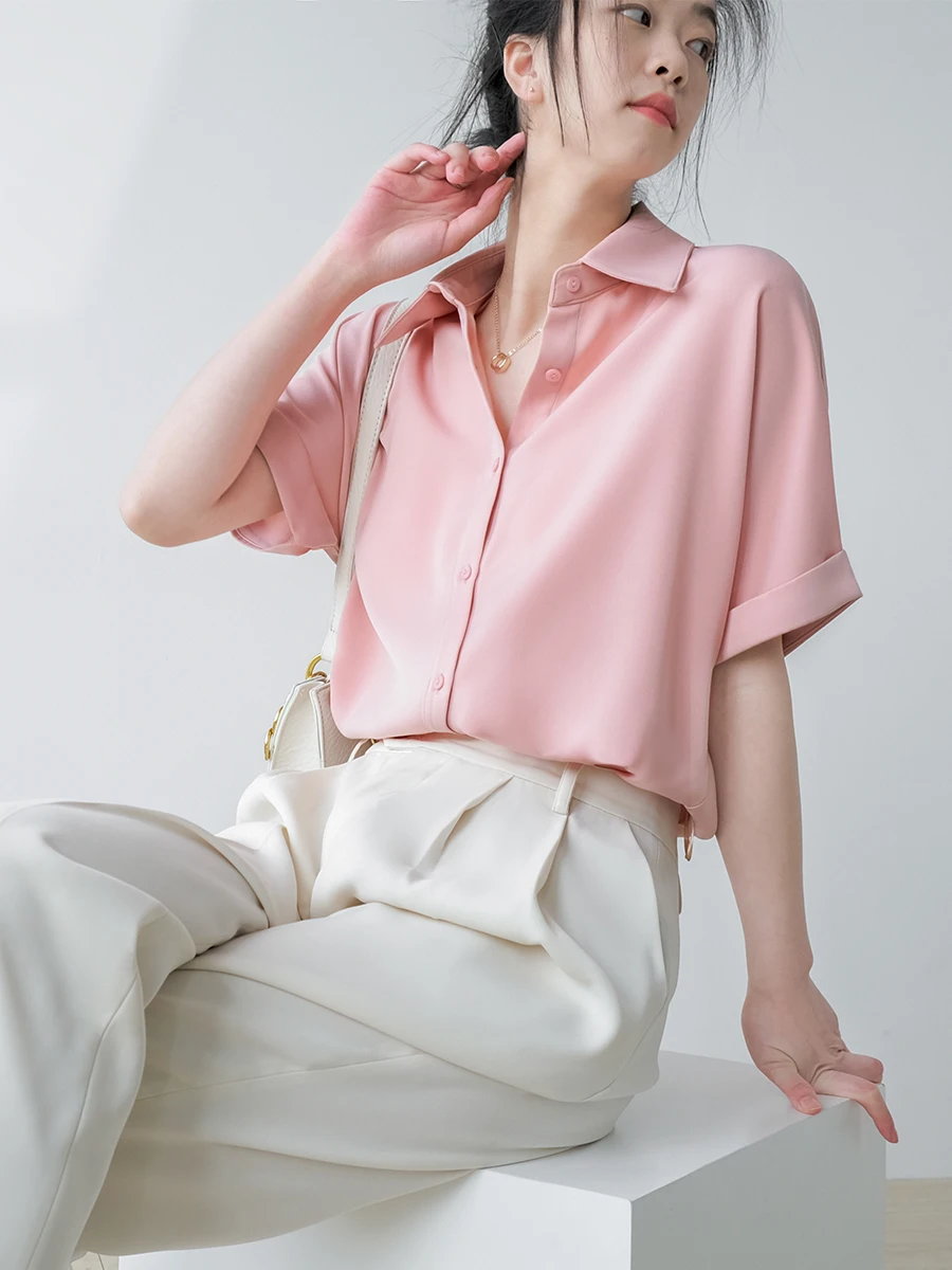 

Chiffon Loose Plus Size Women's Blouses New Casual Fashion Short Sleeve Tops Solid Color Polo Shirts Summer Houthion