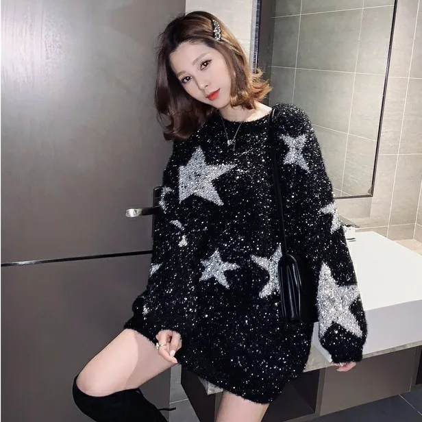 

Autumn and winter new round neck Pullover black sweater women's loose knit top