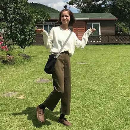 2019 Women's Kawaii New Student College Wind Pants High Waist Straight Female Cute Japan Harajuku Trousers For Women DF222 | Женская