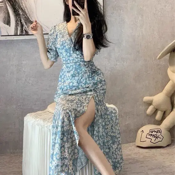 Корейское модное хлопковое женское платье 202O с разрезом элегантные платья на