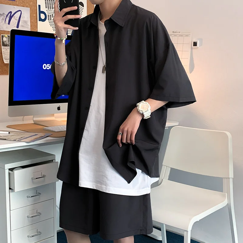 Костюм мужской летний из тонкой рубашки и шортов с коротким рукавом|Мужские