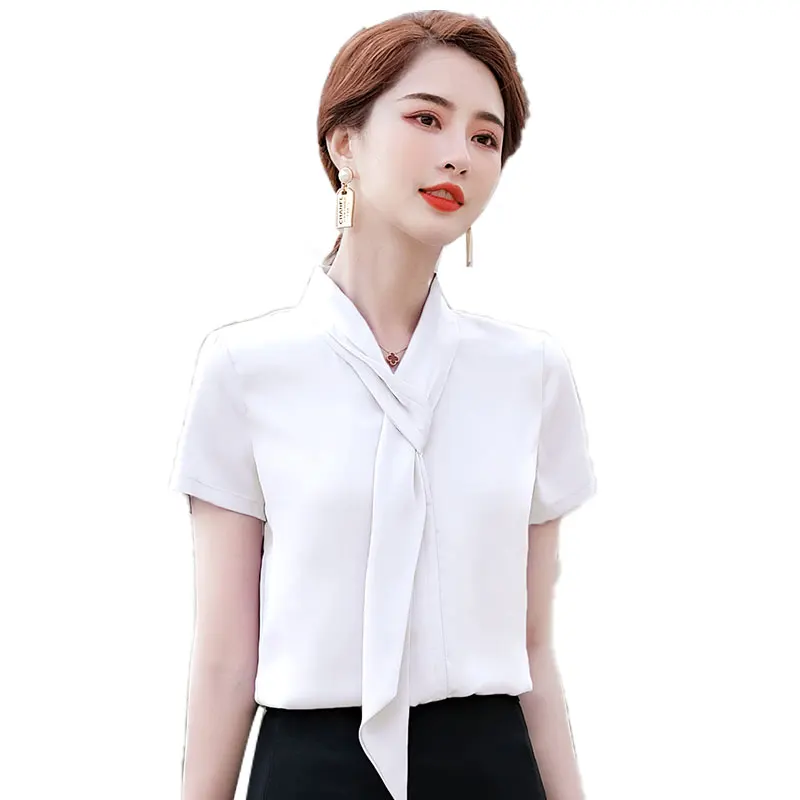 

Белая шифоновая рубашка, женские топы с коротким рукавом, Новинка весна-лето 2021, модная рубашка с атласной лентой в стиле минималистичного д...