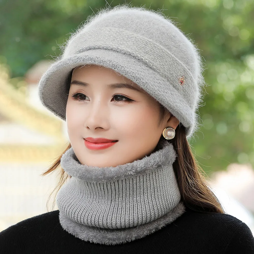 

New Women Winter Hat Outdoor Keep Warm Hat And Scarf Set Mom Cap Add Fur Lined Hats For Women Rabbit Fur Knitted Bucket Hat