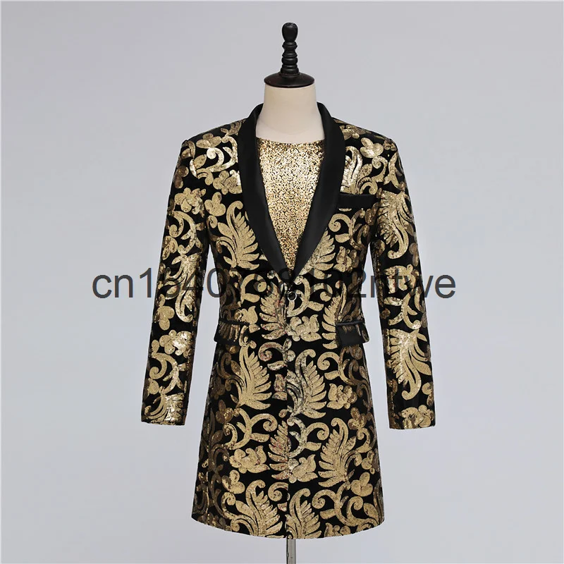 

Певец мужской сценический Танцы длинные черного и золотого цвета костюм с пайетками пальто-дирижера-волшебника, одежда для выступлений