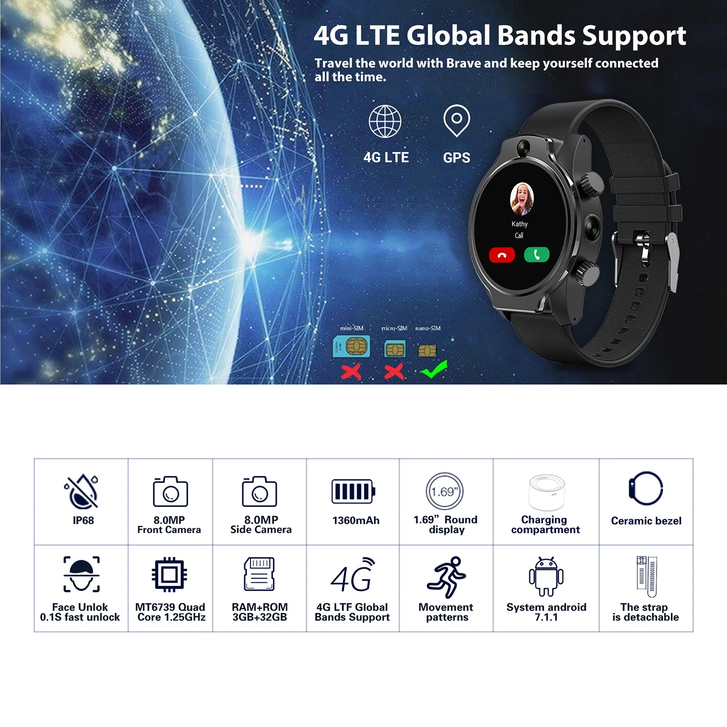 Смарт часы Rogbid Brave 4G LTE экран 1 69 дюйма 3 ГБ + 32 450 мАч двойная камера 8 Мп водостойкие