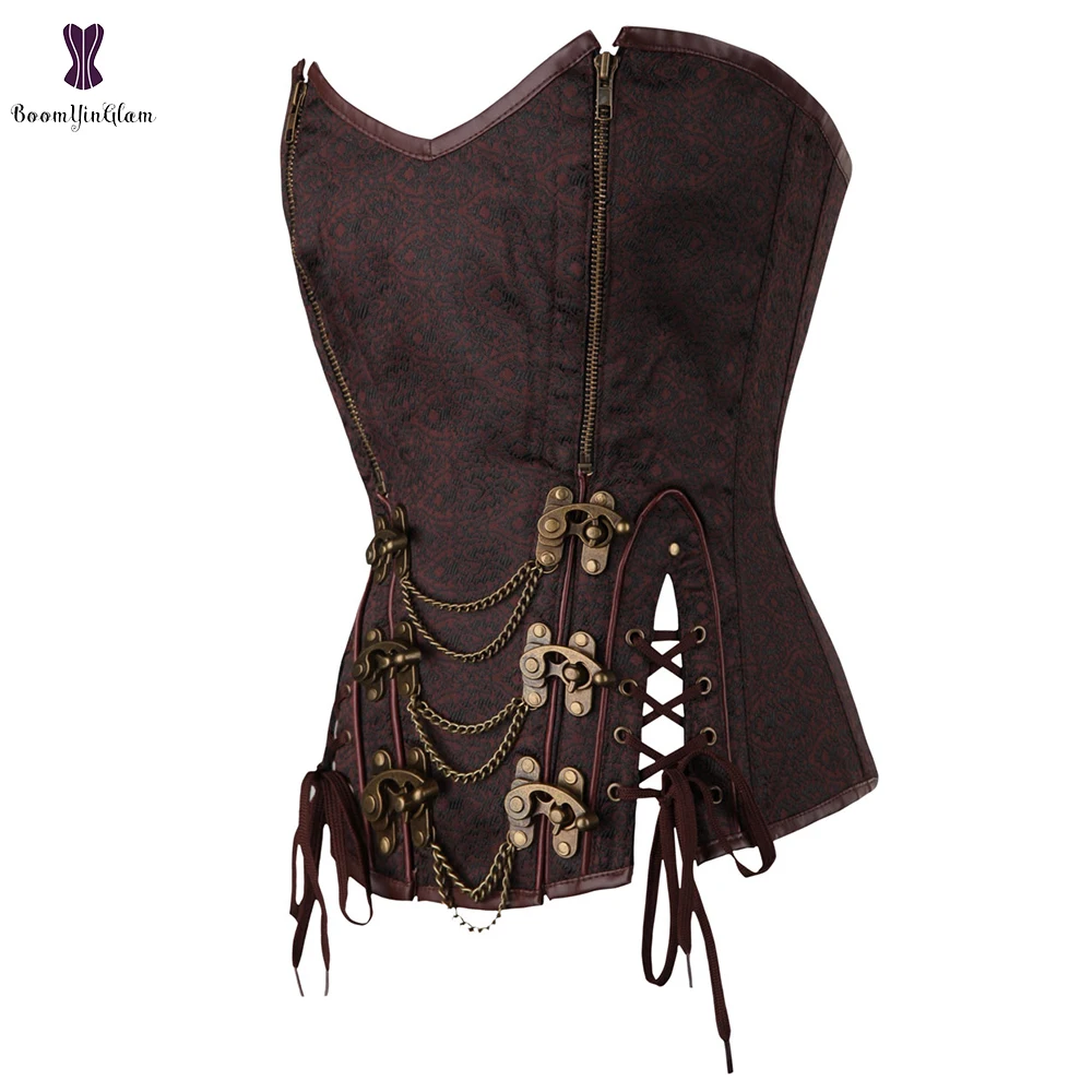 Двойная молния спереди Коричневый Женский жаккардовый корсетный корсет с