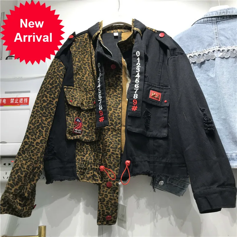 

Personalized Leopard Denim Jacket Female Spring 2020 New Stand Collar Zipper Loose-Fit Leopard Lettering Jeans Jacket Ropa Mujer