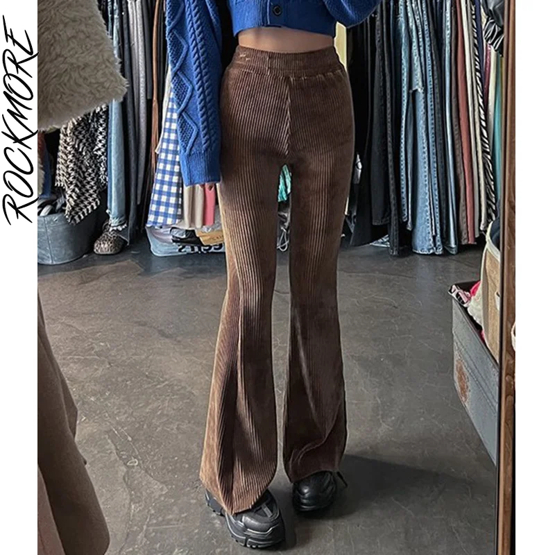 

Женские брюки-клеш Rockmore, однотонные вельветовые широкие брюки y2k, винтажные брюки с высокой талией, повседневные свободные штаны в стиле Хар...