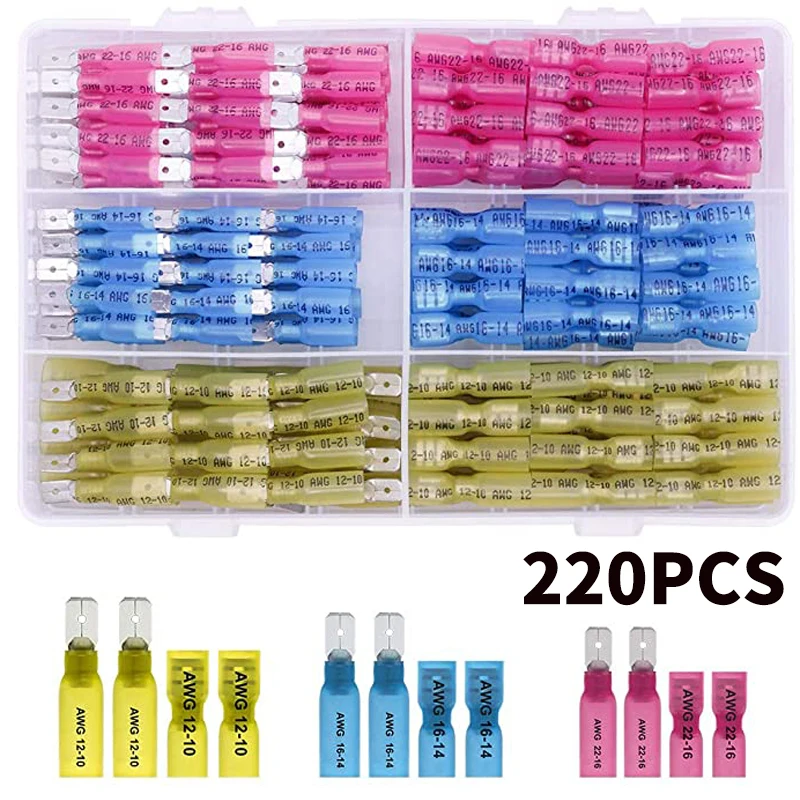 

220Pcs Waterproof Seal Heat Shrink Splice Crimp Terminals Insulated Female/Male Spade Electrical Wire Connectors Assortment AWG