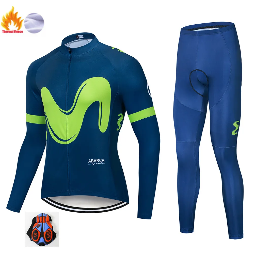 Winter Jersey Suit Movistar зимний термальный флис с длинным рукавом Велоспорт Джерси Набор мужская одежда велокостюм из флиса велосипед Майо Ropa Ciclismo - Цвет: Winter Jersey Suit