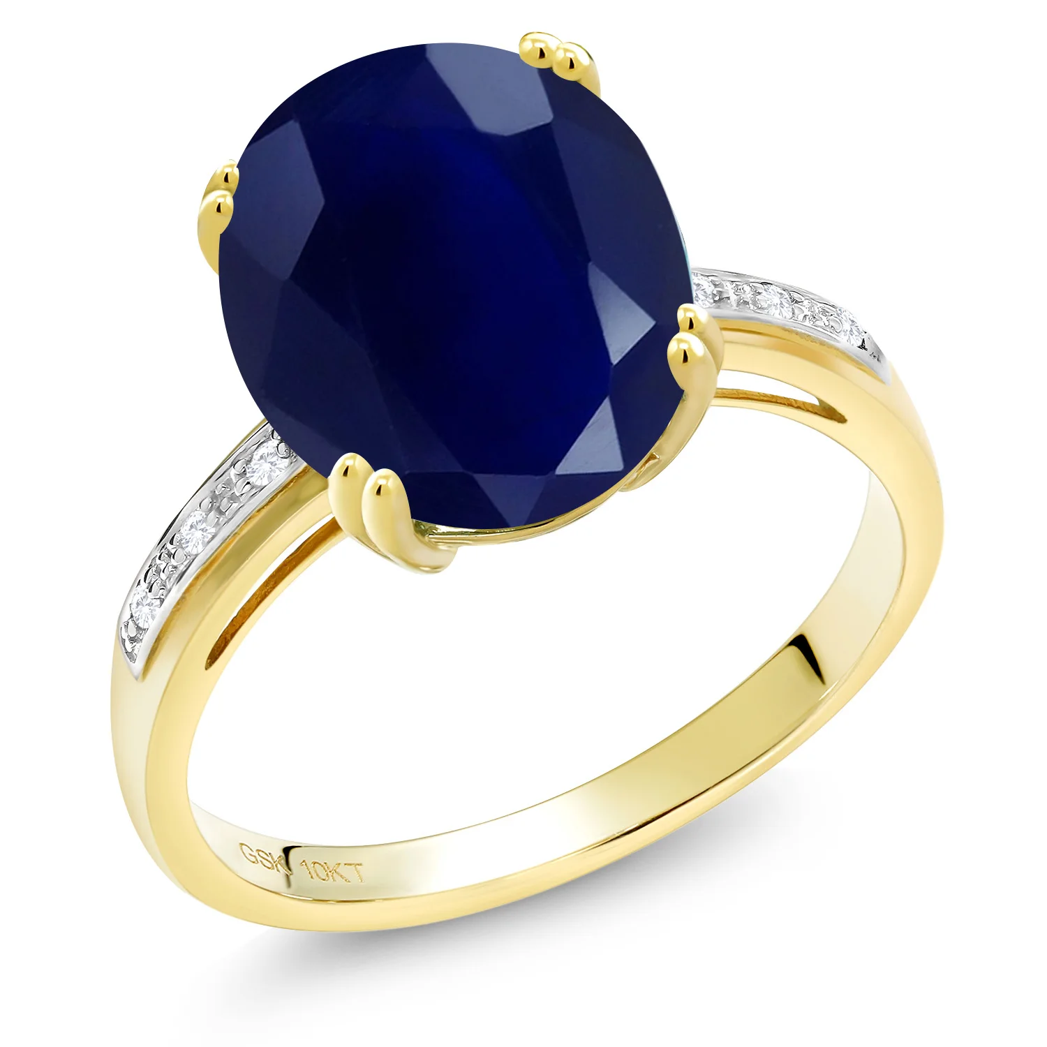 10K Yellow Gold Blue Sapphire and White Diamond Accent Solitaire Engagement Ring(5.04 Ct Oval