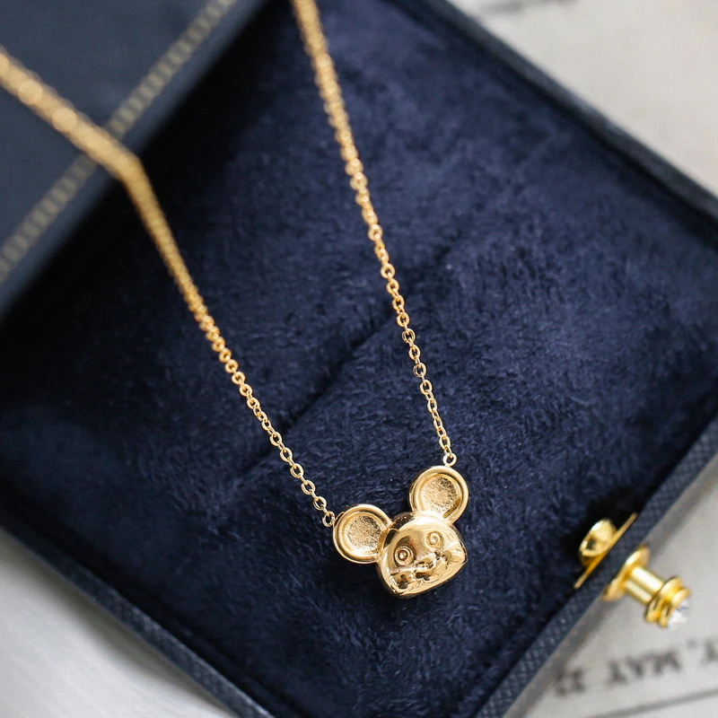 

YUN RUO Trendy Cute Mouse Pendant Necklace Yellow Gold Color 316 L Titanium Steel Jewelry Woman Gift Never Fade Hypoallergenic