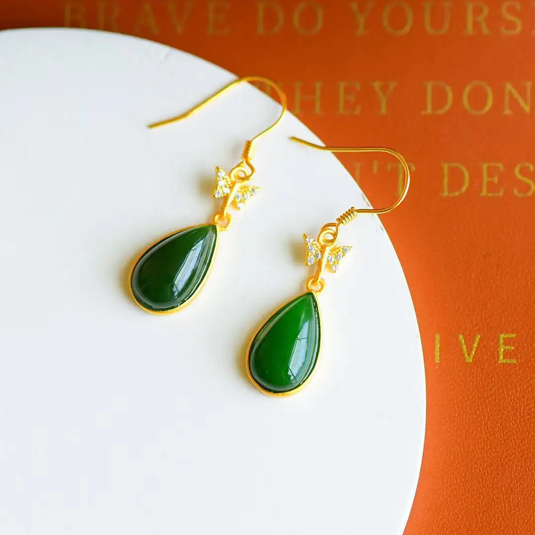 

Natural Hetian Jade Green Jade Water Drop Earrings S925 Sterling Silver Ancient Gold Inlaid Old Materials Spinach Butterfly Wate