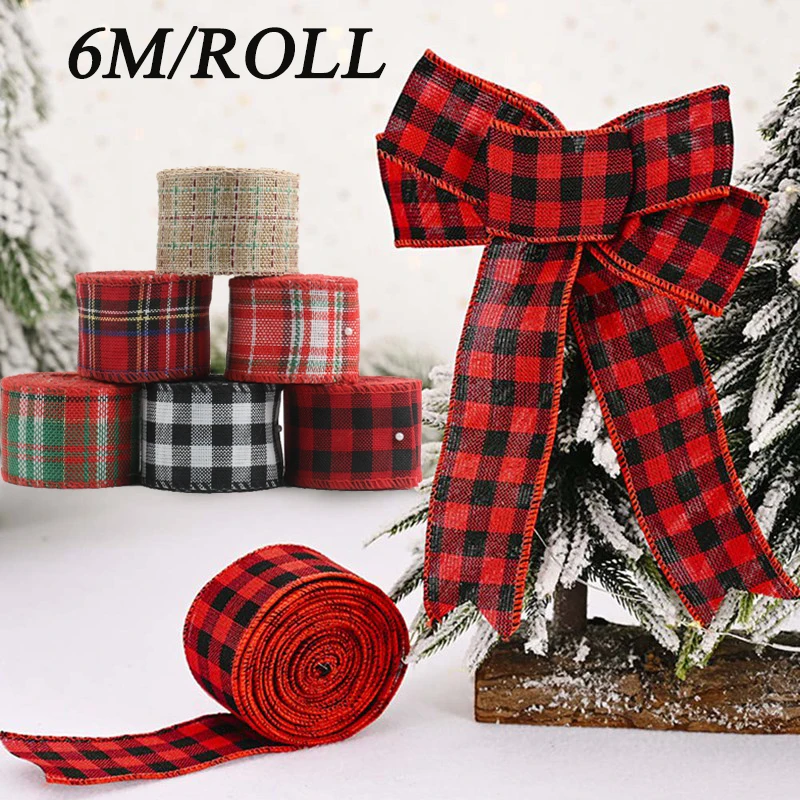 

6m/roll Red Black Ribbon Christmas Tree Decoration Bow Xmas Gift WrappingPlaid Ribbons Imitation Hemp Ribbon Grosgrain Linen