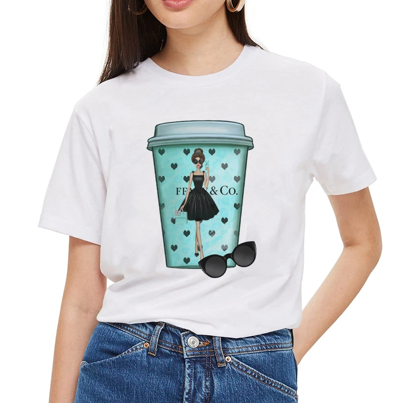 Новое поступление футболка в стиле Харадзюку с принтом кофе белые топы круглым