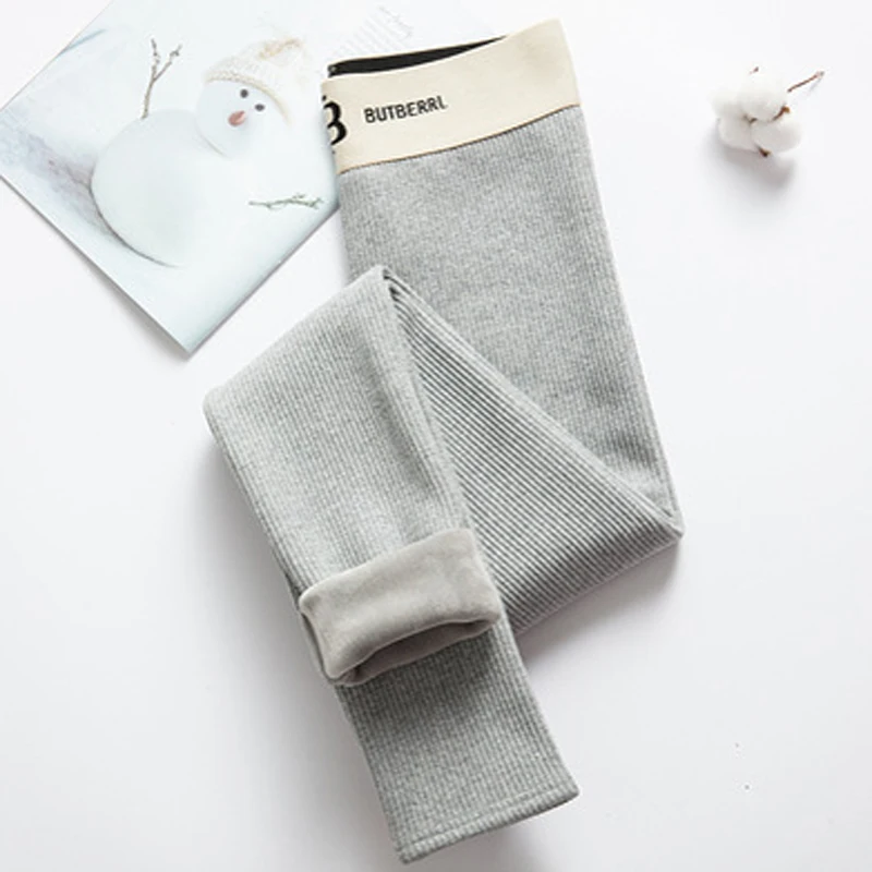 ELIfashion теплые женские мягкие бархатные зимние леггинсы длиной до щиколотки, сохраняющие тепло белые с буквенным принтом, с высокой эластичной резинкой на талии - Цвет: grey