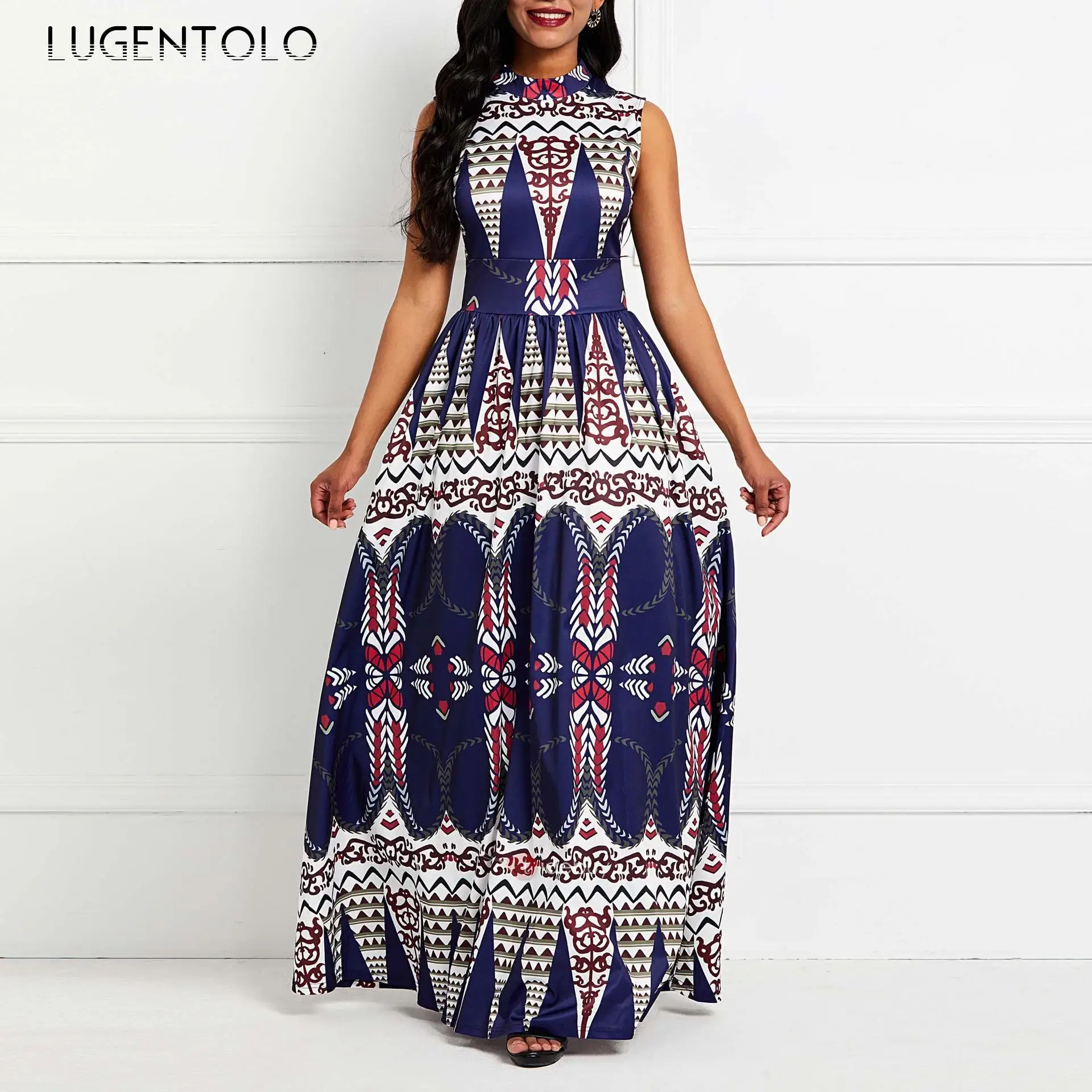 

Lugentolo Summer Sexy Dress Women Sleeveless Print Slim Dresses Casual O-neck Big Swing Maxi Dresses for Women
