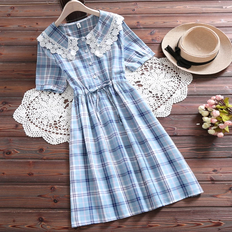 Летнее платье женские кукольный воротник с коротким рукавом клетчатые хлопковые