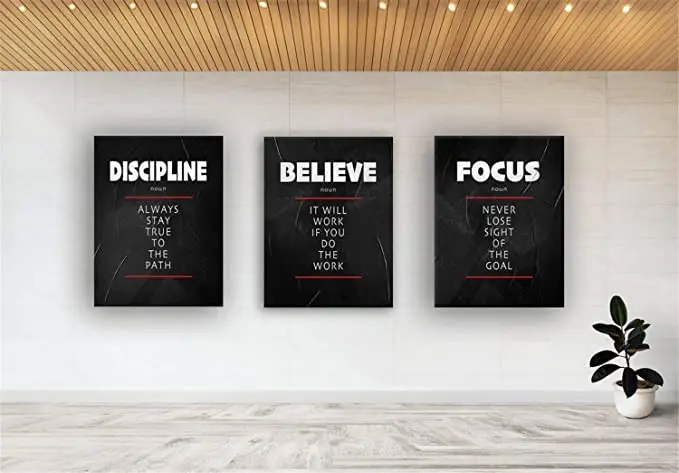3 Pieces Inspirational Canvas Print Discipline Believe Focus Poster Painting Motivational Picture for Office Decor With Frame