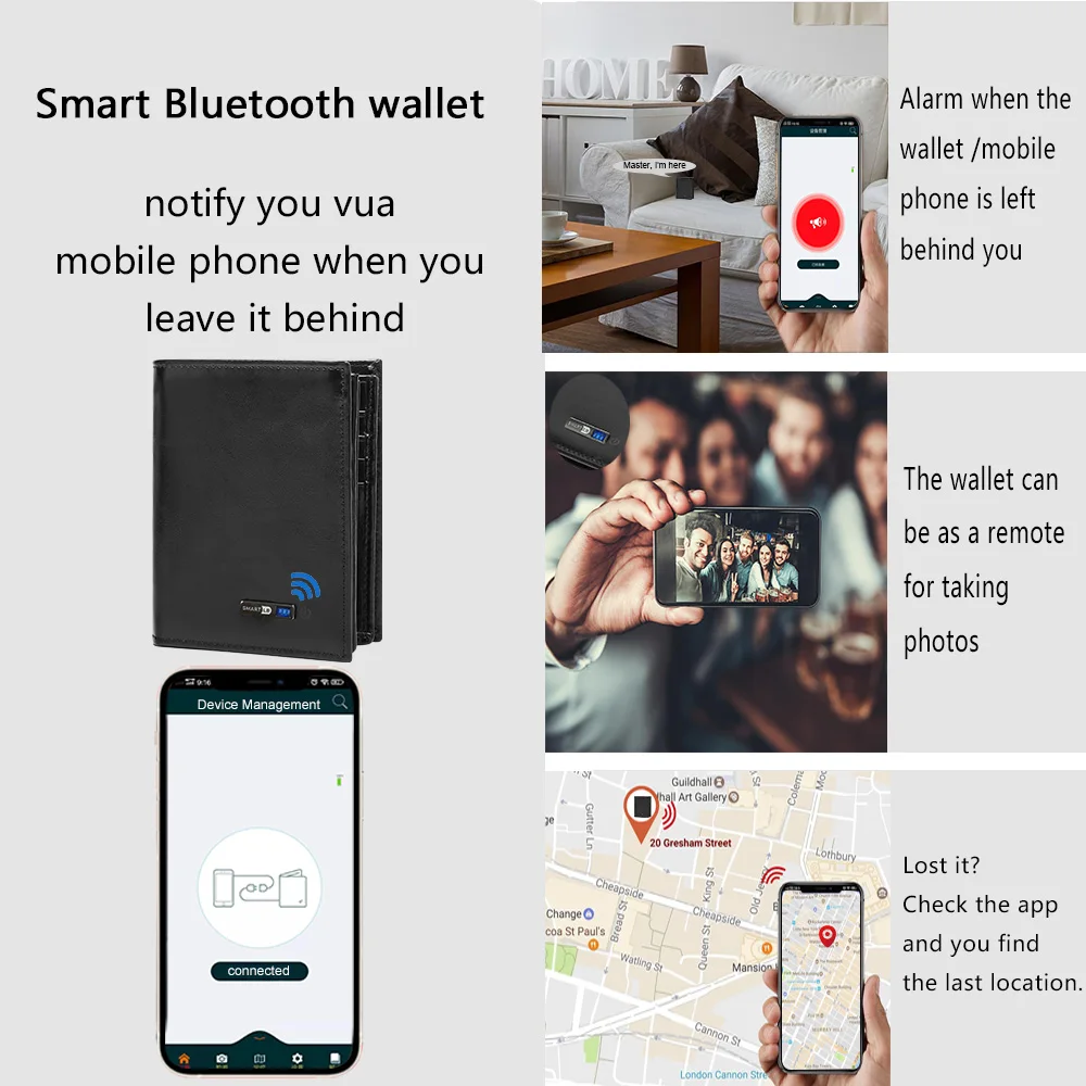 Smart Wallet Bluetooth Men's Genuine Leathe Short Leisure Multi-Function Card Holder Package Luxury Business Mens | Багаж и сумки