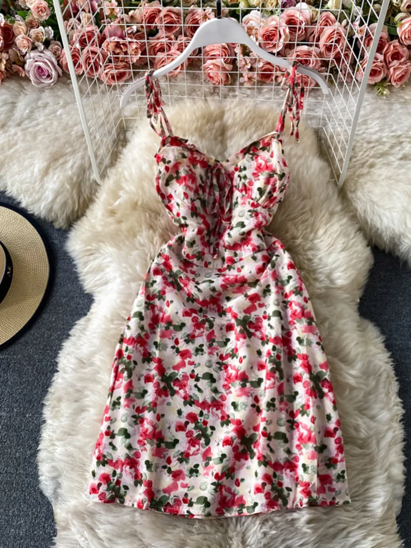 

2021 New Backless Women Floral Print Dress Women Summer Elegant Short Spaghetti Strap Vestido De Mujer Beach Holiday Travel