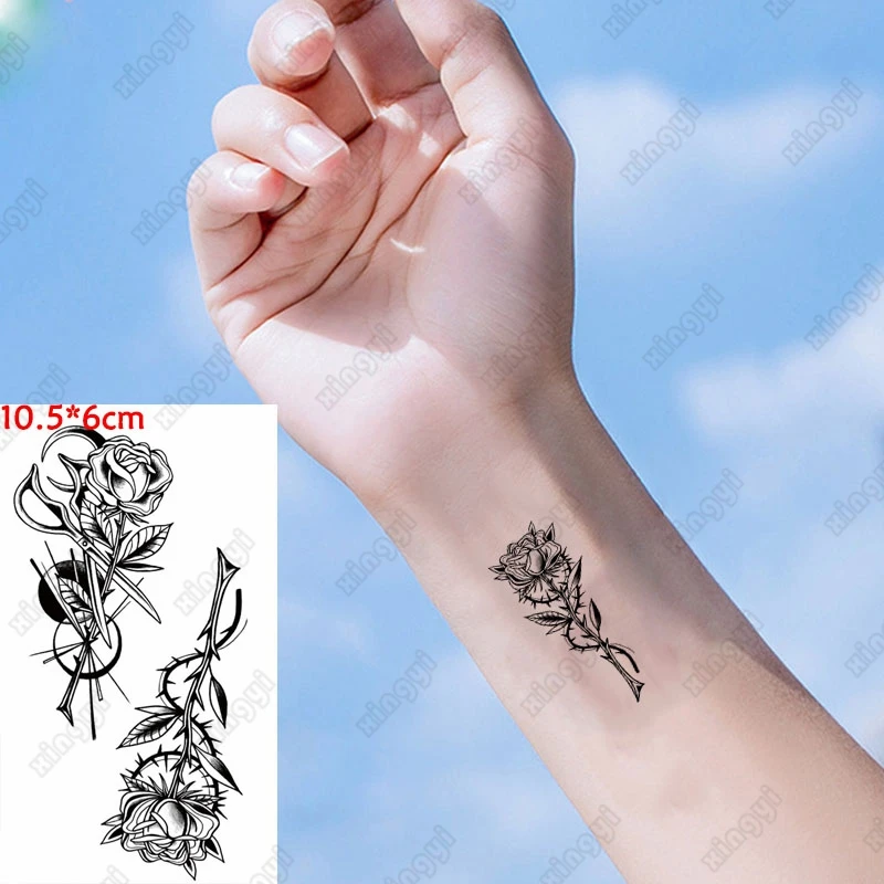 

Waterproof Temporary Tattoo Sticker Thorny Rose Moon Scissors Girls Lady Tatoo Body Art Arm Water Transfer Flash Tatto Women Men