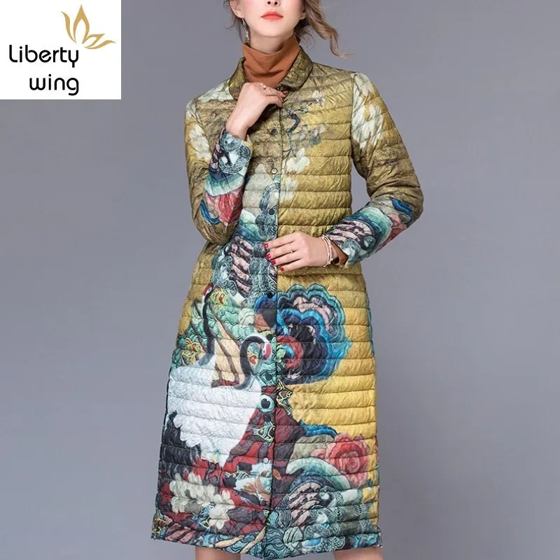Женский Сверхтонкий пуховик в богемном стиле длинный Тренч с цветочным принтом