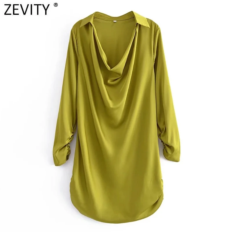 

ZEVITY Women High Street Swinging Collar Solid Satin Straight Mini Dress Female Chic Side Pleated Design Casual Vestidos DS9123