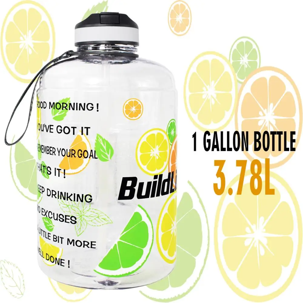 Lemon BuildLife 1 галлон бутылка для воды с соломенным маркером времени 3.78л 128 унций BPA бесплатно пластиковая большая емкость фитнес спорт воды кувшин - Цвет: Lemon