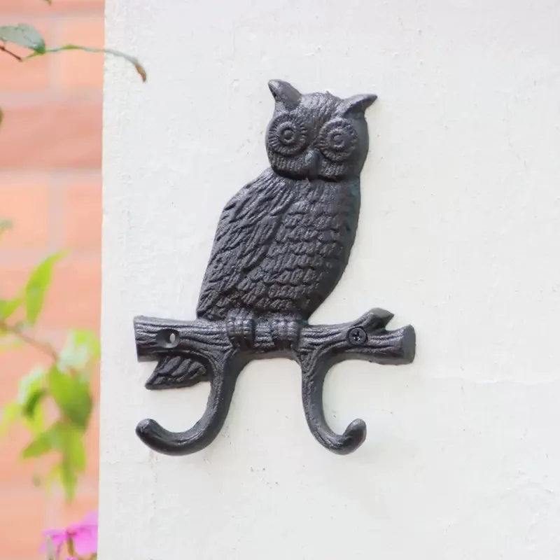 

Retro Black Owl Sentry Cast Iron Wall Hook Racks With Two Hangers For Keys Coat Handmade Home Garden Decor Metal Animal Holders