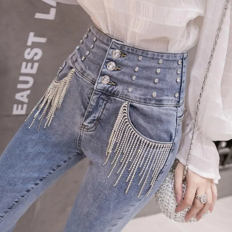 

2021 Spring Autumn Diamond Tassel Jeans Women's High Waist Stretch Hip Slim Fit Skinny Pencil Pants Denim Trousers w124