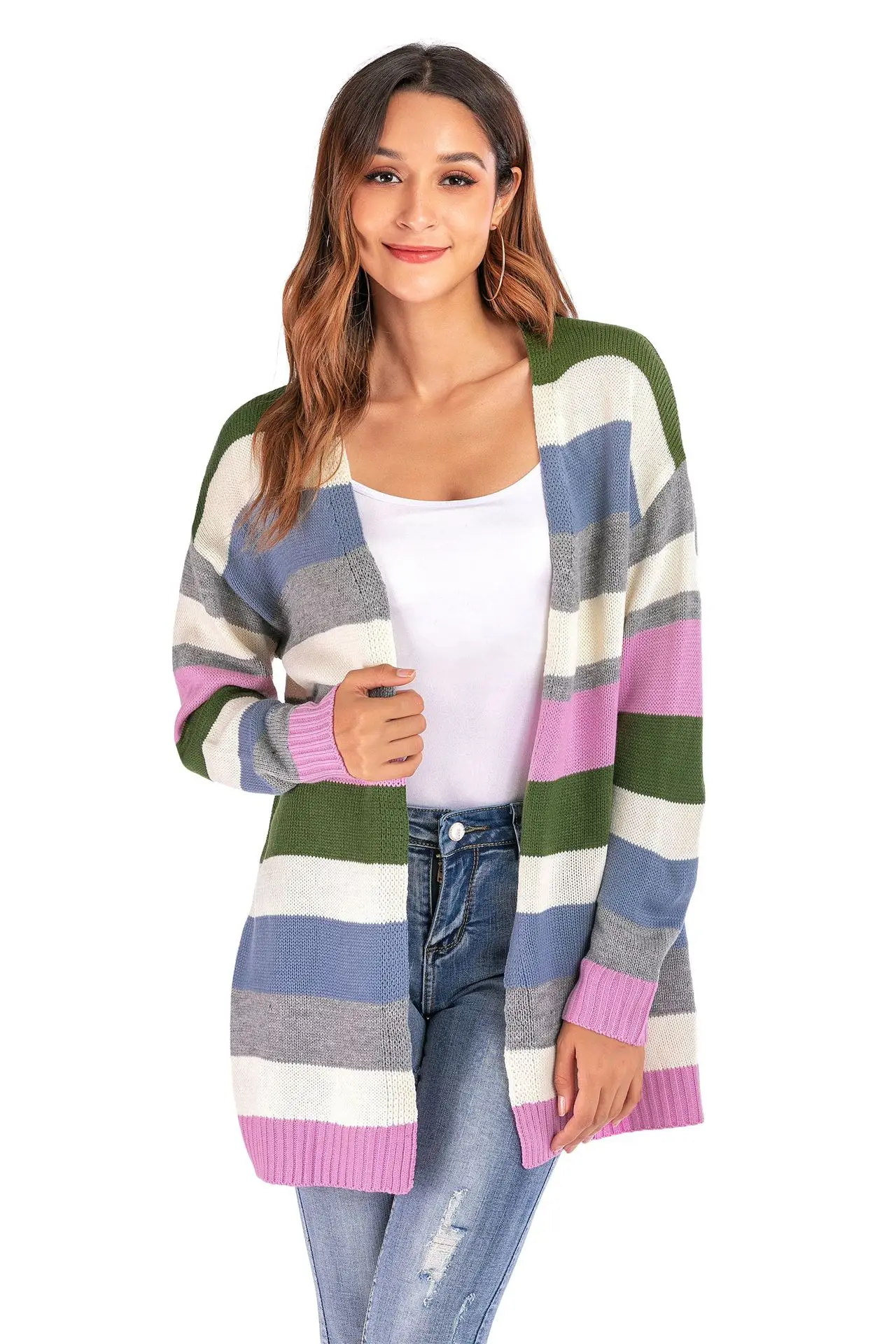 

Long Sweater coat jacket top 2020 autumn/winter large-size cardigan striped sweater girl lady streetwear trendy fashion
