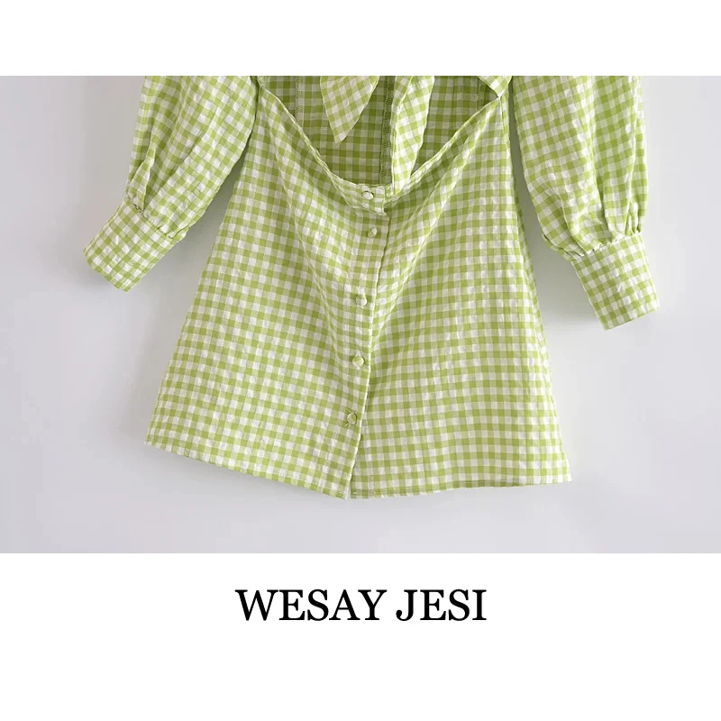 

WESAY JESI Za Women's Clothing 2021 Fashion Dresses Green Plaid Lace-Up Elegant Mini Dress Chic Hollow Long Sleeve Dress Vintage
